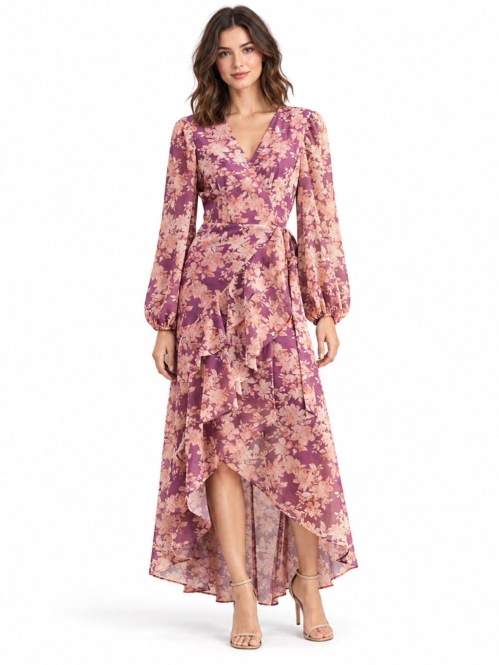 Hutch - Sadey Purple Floral Chiffon Wrap High-Low Maxi Dress